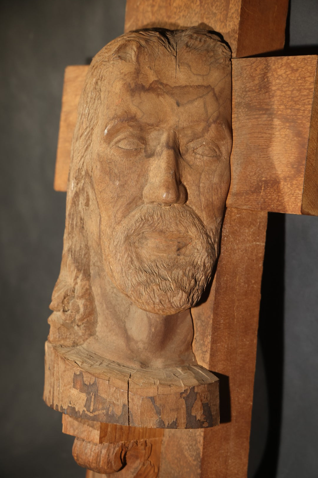 Vintage Folk Art Hand-Carved Wood Cross with Profile Bust of Christ