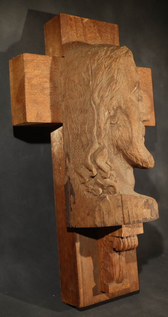 Vintage Folk Art Hand-Carved Wood Cross with Profile Bust of Christ