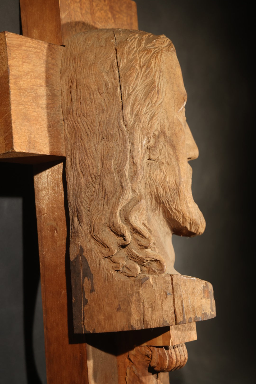 Vintage Folk Art Hand-Carved Wood Cross with Profile Bust of Christ