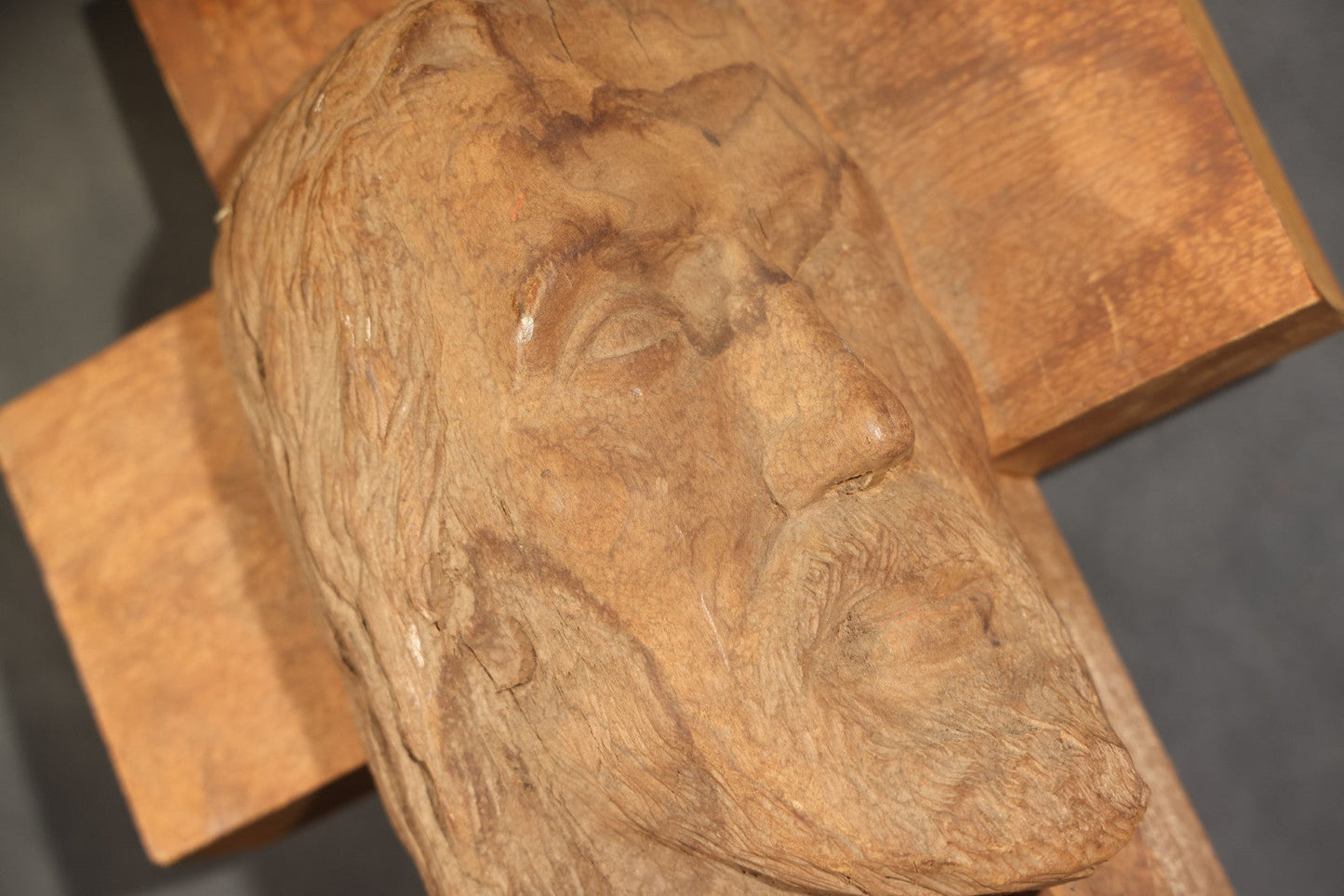Vintage Folk Art Hand-Carved Wood Cross with Profile Bust of Christ