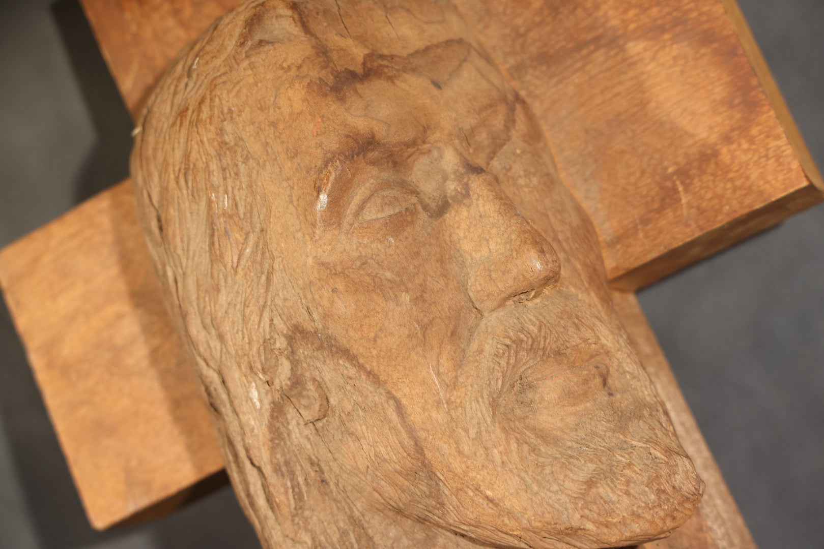 Vintage Folk Art Hand-Carved Wood Cross with Profile Bust of Christ