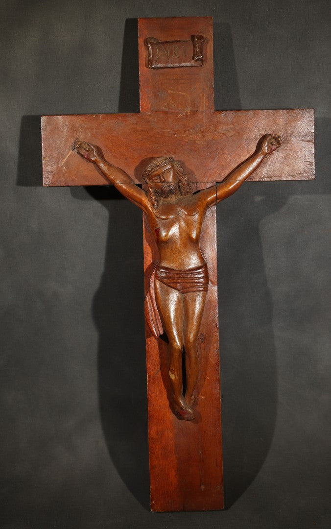 Antique Folk Art Carved Wood Wall Crucifix with Corpus and I.N.R.I. Scroll