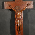 Lot 018 - Antique Folk Art Carved Wood Wall Crucifix with Corpus and I.N.R.I. Scroll, 12-1/8" L x 22" H