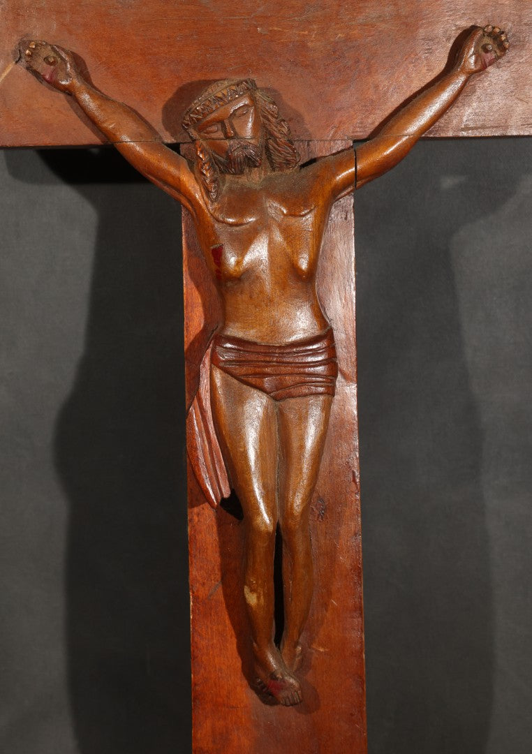 Antique Folk Art Carved Wood Wall Crucifix with Corpus and I.N.R.I. Scroll