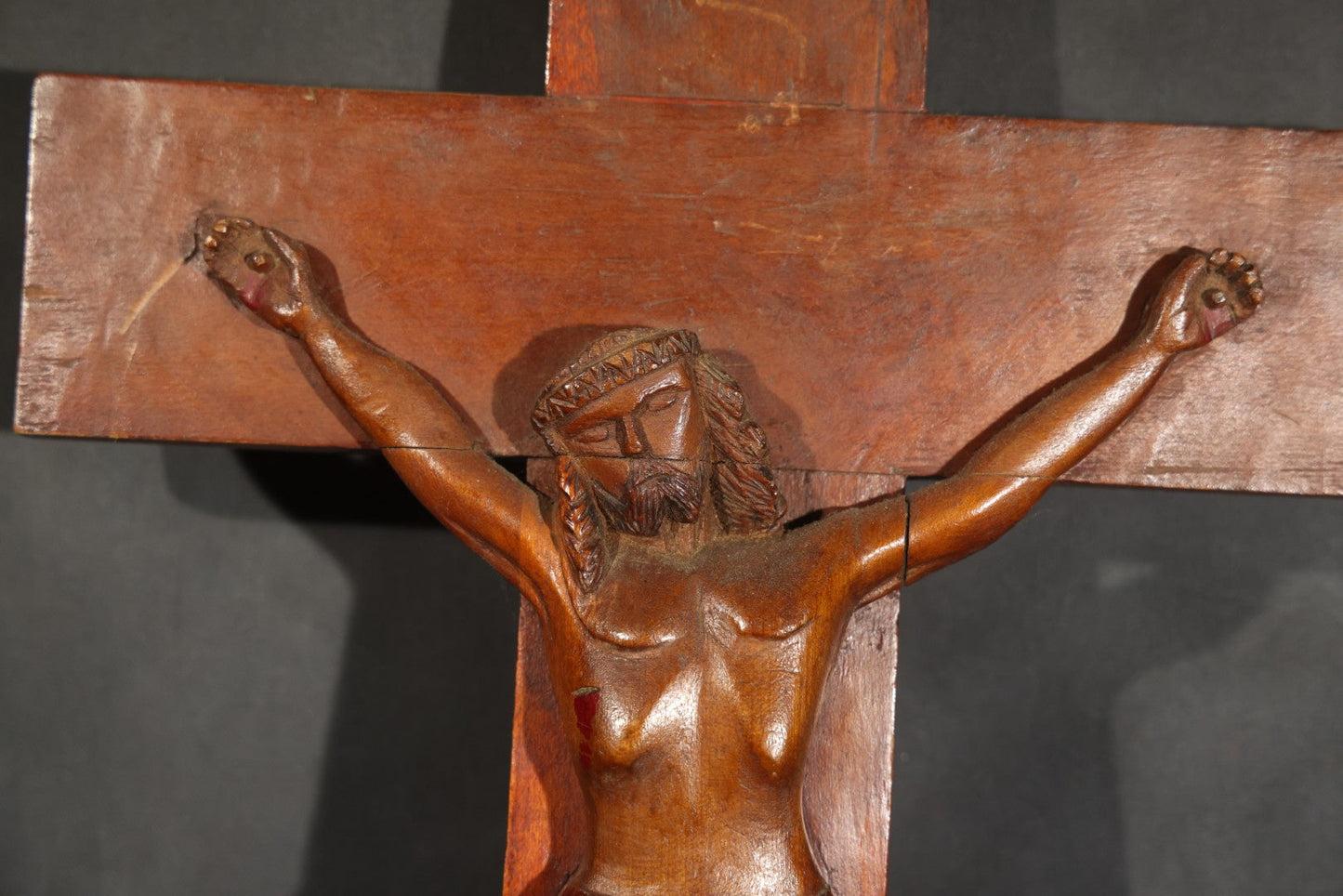 Antique Folk Art Carved Wood Wall Crucifix with Corpus and I.N.R.I. Scroll