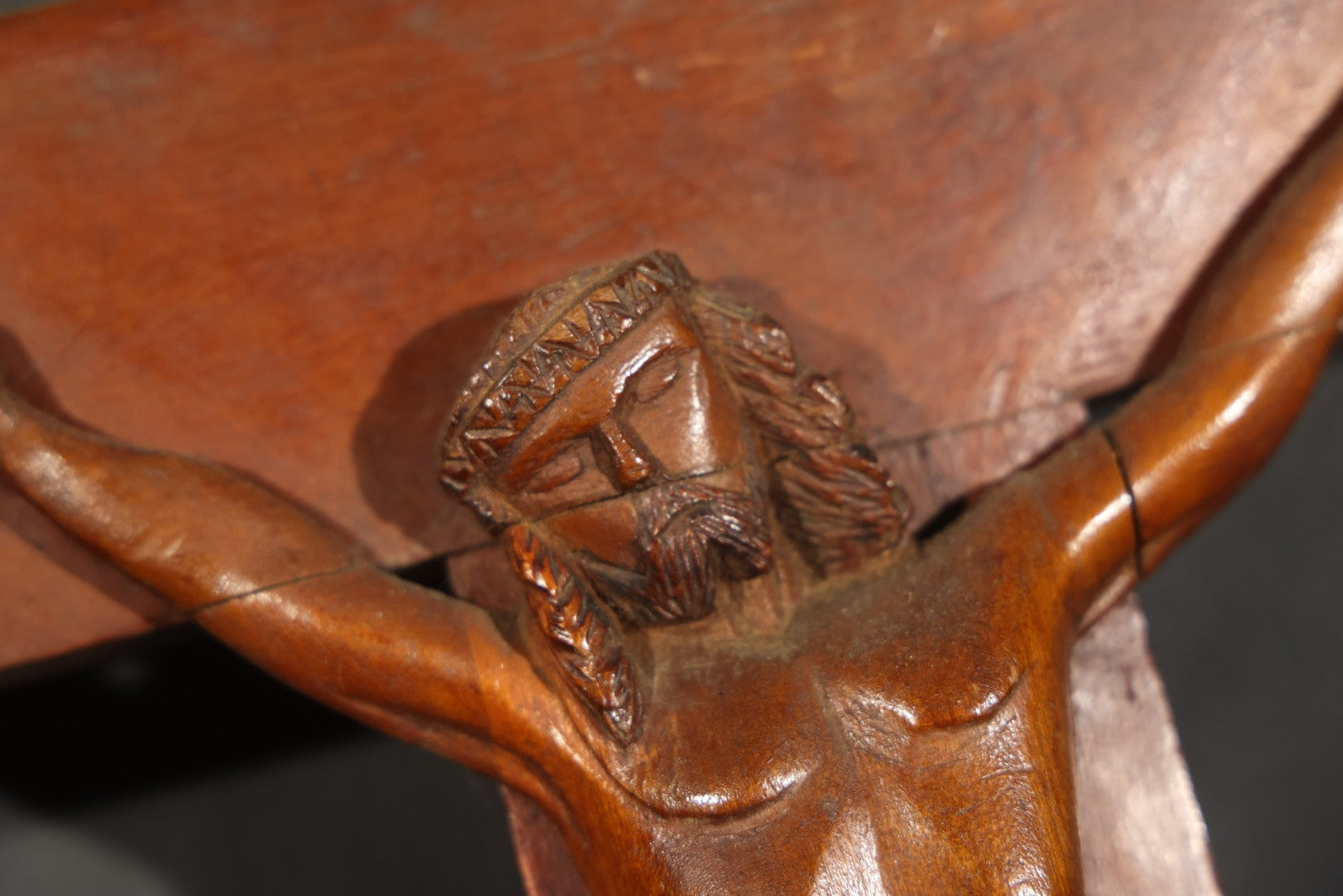 Antique Folk Art Carved Wood Wall Crucifix with Corpus and I.N.R.I. Scroll