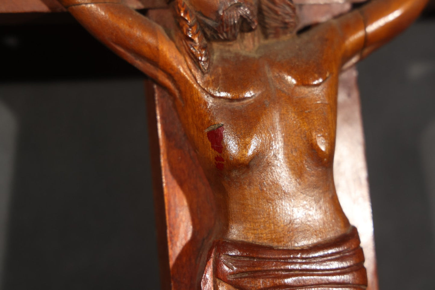 Antique Folk Art Carved Wood Wall Crucifix with Corpus and I.N.R.I. Scroll