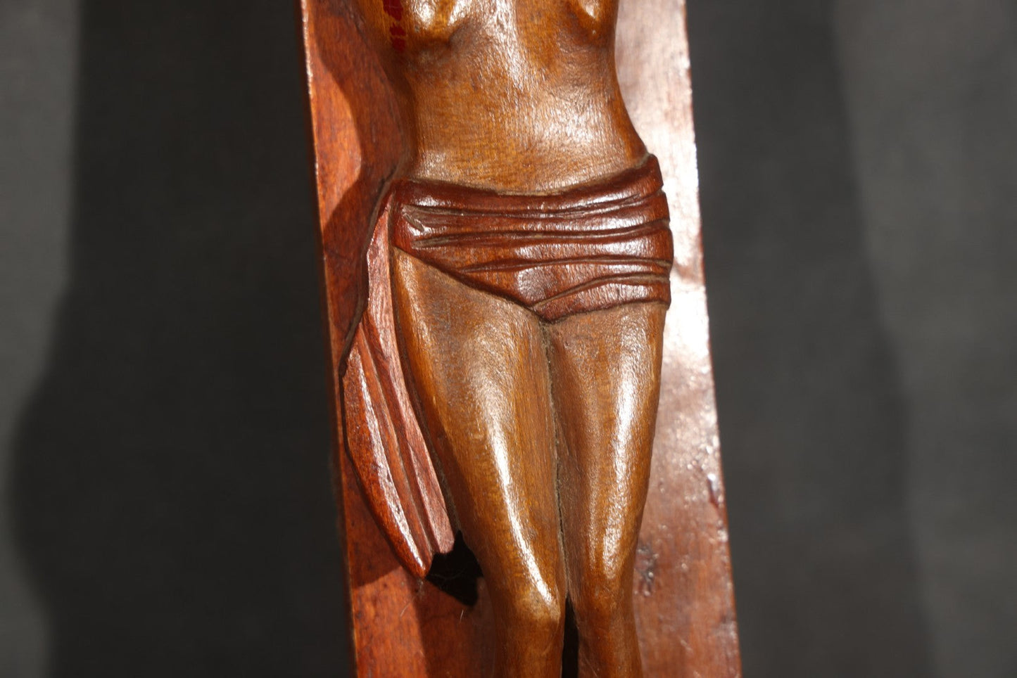 Antique Folk Art Carved Wood Wall Crucifix with Corpus and I.N.R.I. Scroll