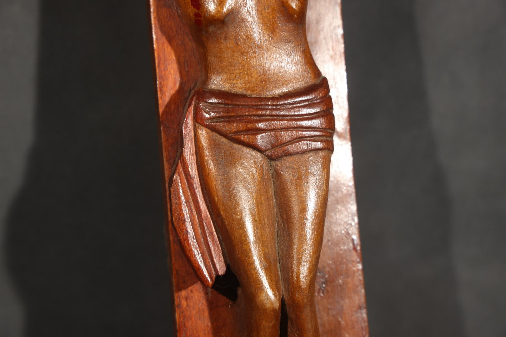 Antique Folk Art Carved Wood Wall Crucifix with Corpus and I.N.R.I. Scroll