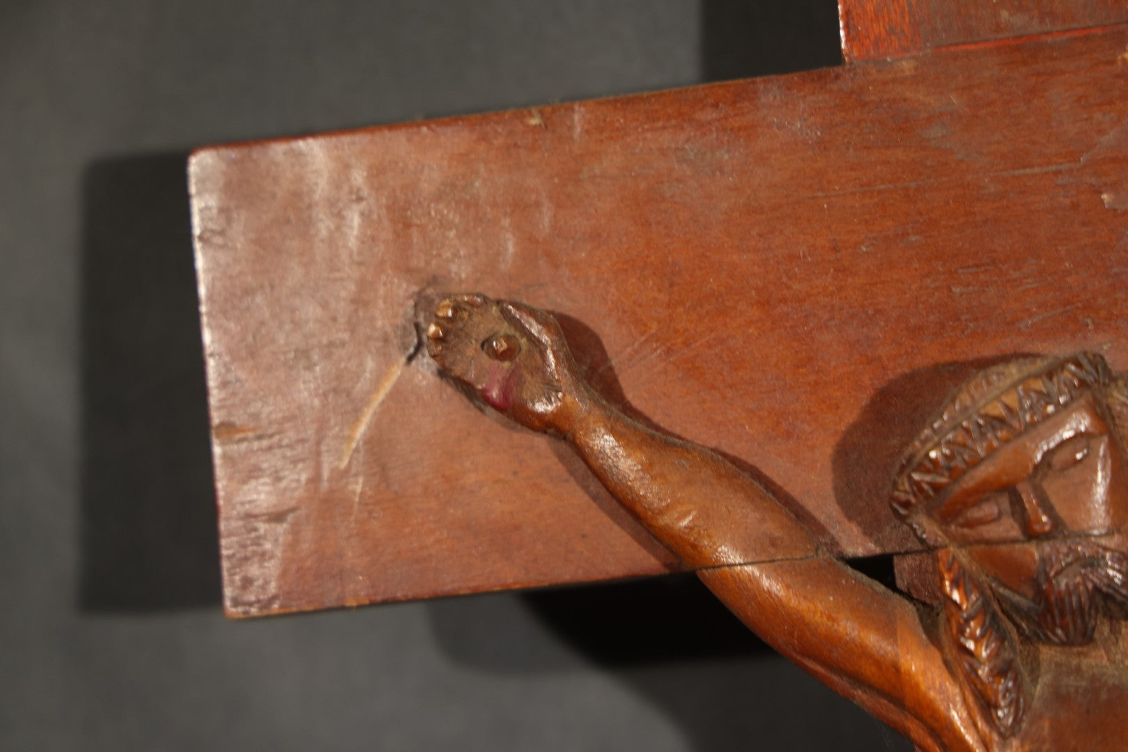 Antique Folk Art Carved Wood Wall Crucifix with Corpus and I.N.R.I. Scroll