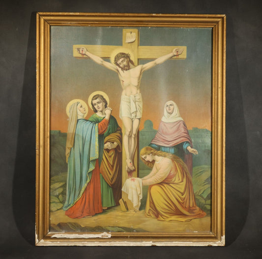 Antique Framed Crucifixion Chromolithograph Print with the Virgin Mary, Saint John, and Mary Magdalene