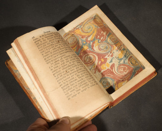 Antique French-Language Book Safe Made from "Sermons du P. Giroust" Tome I, Marbled Paper-Lined Compartment, Paul Laurent Graveur Label, Paris