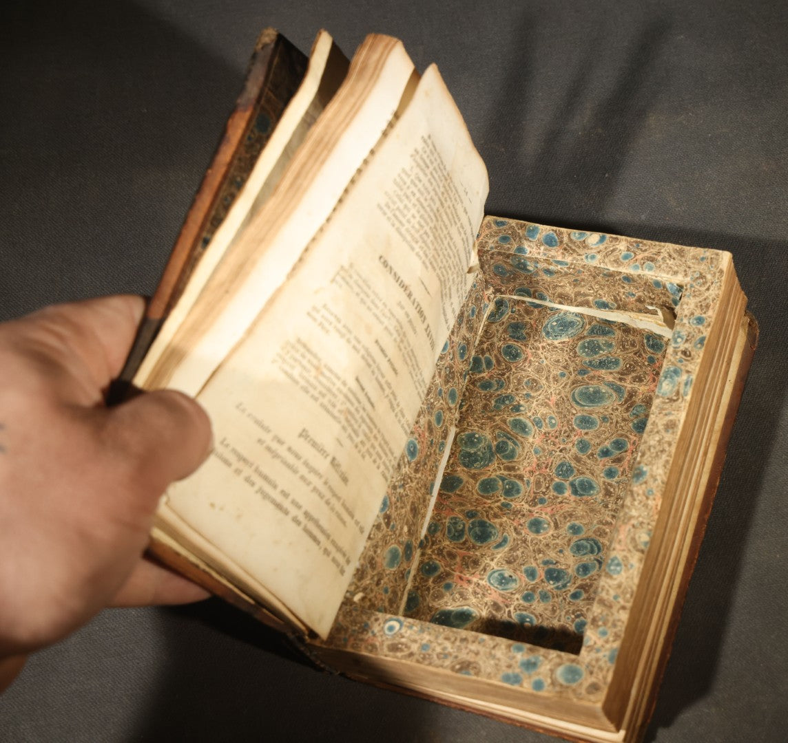 Antique French-Language Religious Book Safe made from "L'Imitation de Jésus-Christ Méditée"  Tome Second, with Marbled Paper-Lined Hidden Compartment and "P-V France" Stamp