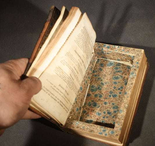 Antique French-Language Religious Book Safe made from "L'Imitation de Jésus-Christ Méditée"  Tome Second, with Marbled Paper-Lined Hidden Compartment and "P-V France" Stamp