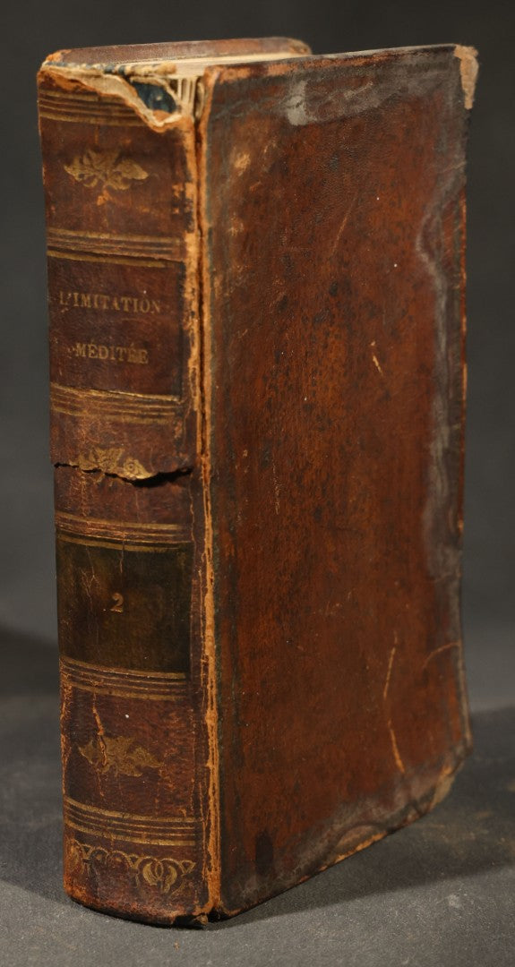 Antique French-Language Religious Book Safe made from "L'Imitation de Jésus-Christ Méditée"  Tome Second, with Marbled Paper-Lined Hidden Compartment and "P-V France" Stamp