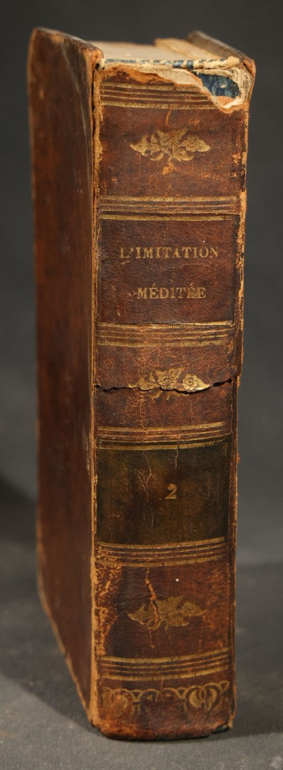 Antique French-Language Religious Book Safe made from "L'Imitation de Jésus-Christ Méditée"  Tome Second, with Marbled Paper-Lined Hidden Compartment and "P-V France" Stamp