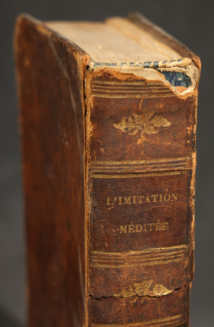 Antique French-Language Religious Book Safe made from "L'Imitation de Jésus-Christ Méditée"  Tome Second, with Marbled Paper-Lined Hidden Compartment and "P-V France" Stamp