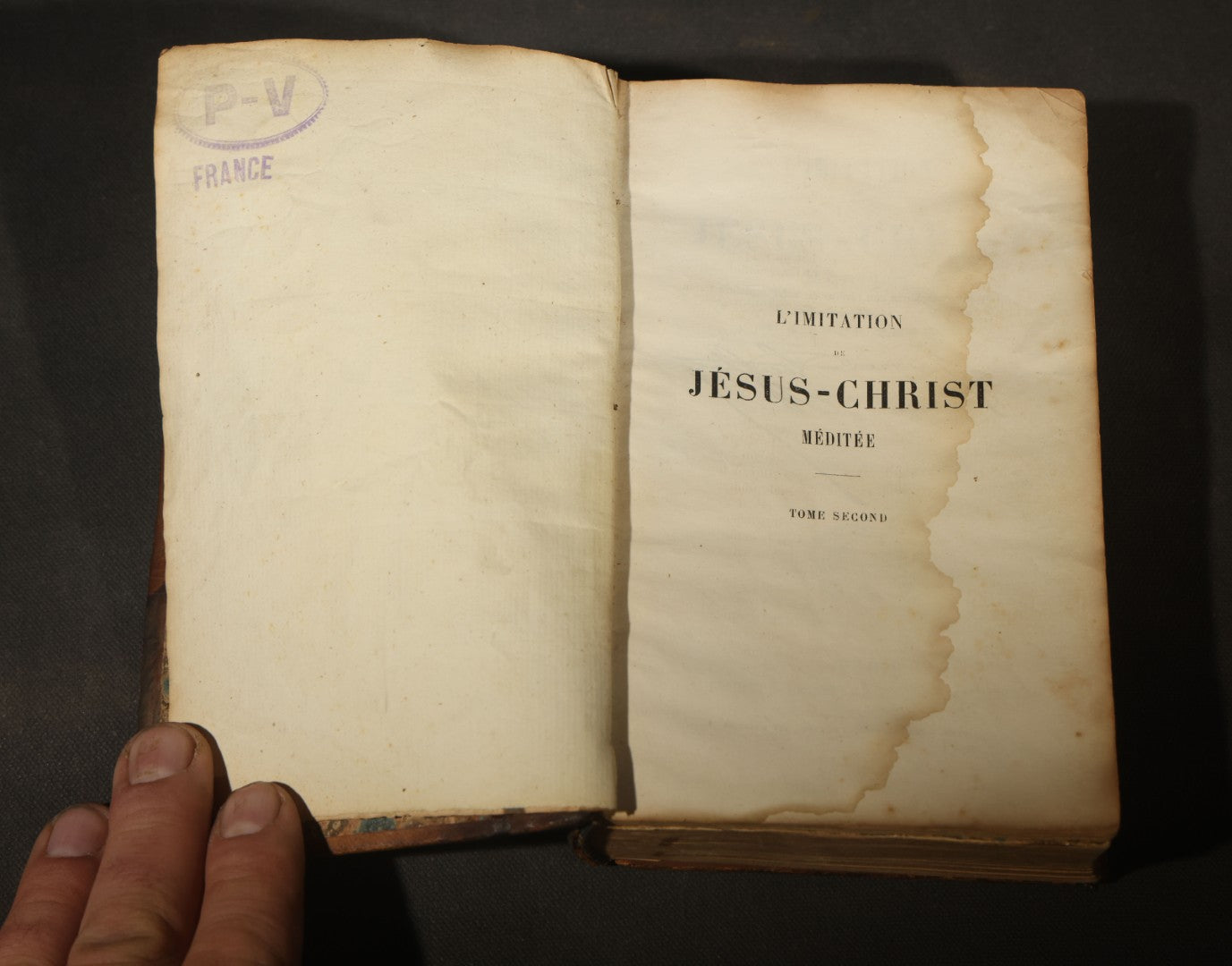 Antique French-Language Religious Book Safe made from "L'Imitation de Jésus-Christ Méditée"  Tome Second, with Marbled Paper-Lined Hidden Compartment and "P-V France" Stamp