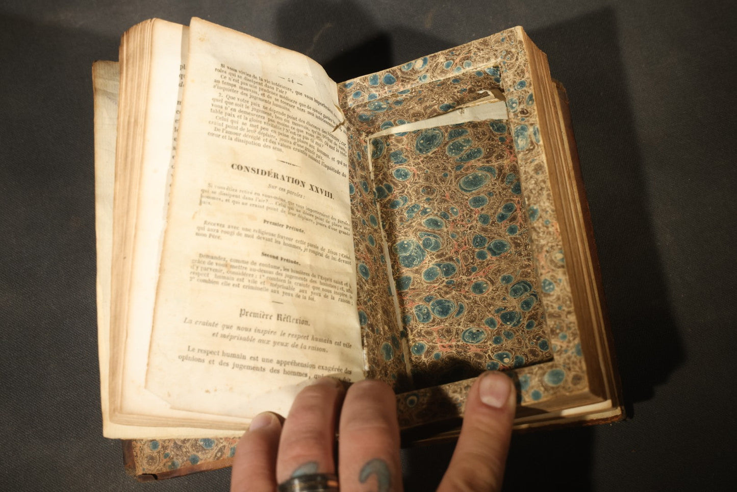 Antique French-Language Religious Book Safe made from "L'Imitation de Jésus-Christ Méditée"  Tome Second, with Marbled Paper-Lined Hidden Compartment and "P-V France" Stamp