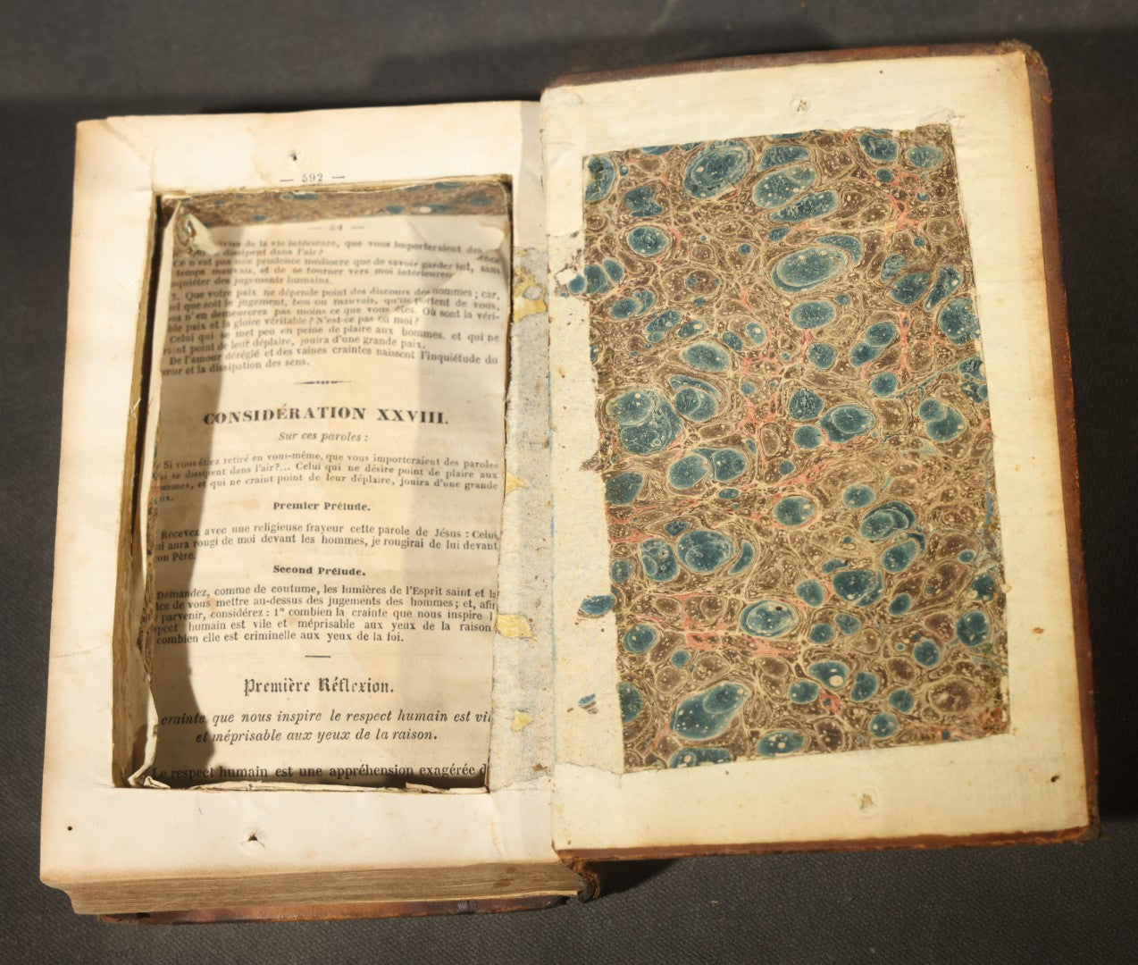 Antique French-Language Religious Book Safe made from "L'Imitation de Jésus-Christ Méditée"  Tome Second, with Marbled Paper-Lined Hidden Compartment and "P-V France" Stamp