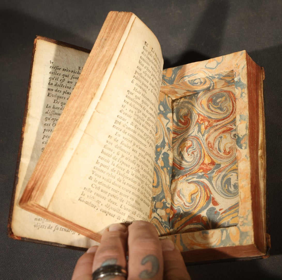 Antique French-Language Leather-Bound Book Safe with Marbled Paper-Lined Hidden Compartment, Dedicated "A La Reine" ("To the Queen"), Note Cover Detached