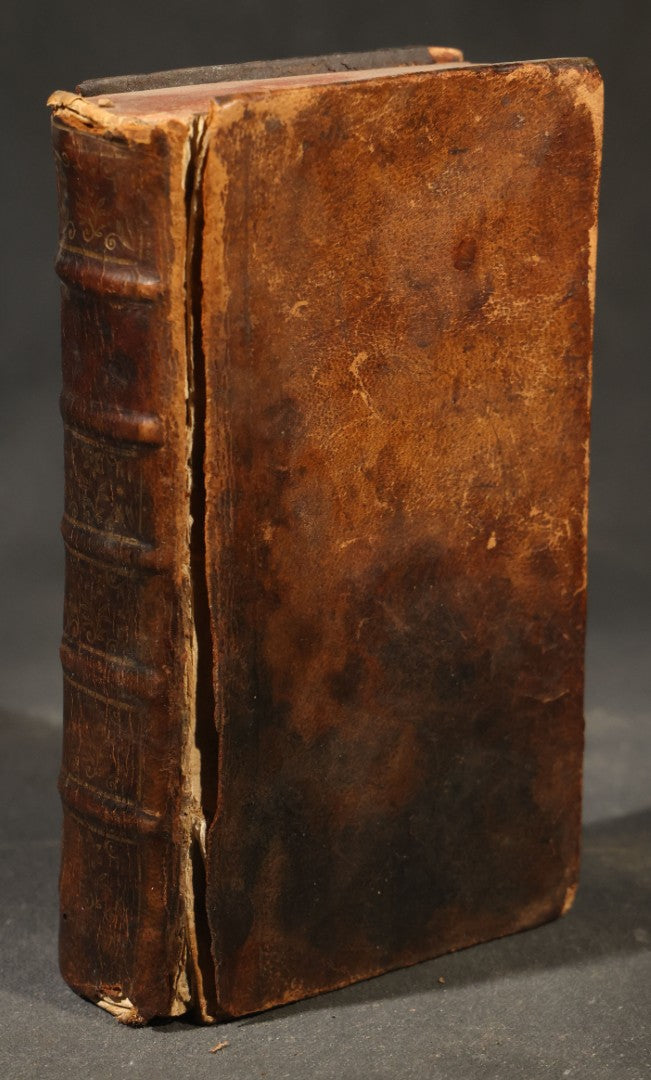 Antique French-Language Leather-Bound Book Safe with Marbled Paper-Lined Hidden Compartment, Dedicated "A La Reine" ("To the Queen"), Note Cover Detached