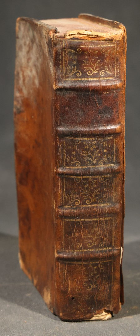 Antique French-Language Leather-Bound Book Safe with Marbled Paper-Lined Hidden Compartment, Dedicated "A La Reine" ("To the Queen"), Note Cover Detached