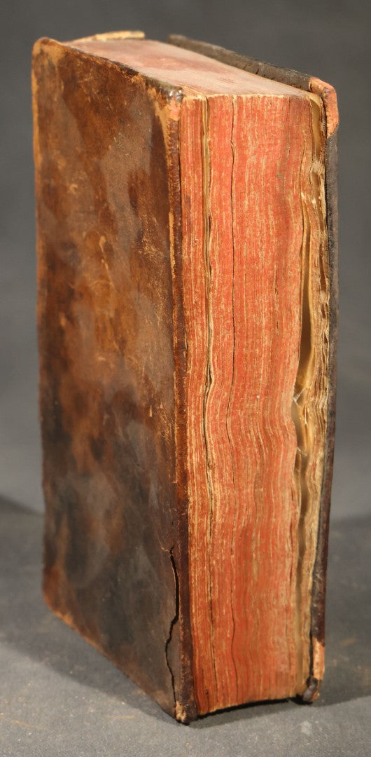 Antique French-Language Leather-Bound Book Safe with Marbled Paper-Lined Hidden Compartment, Dedicated "A La Reine" ("To the Queen"), Note Cover Detached