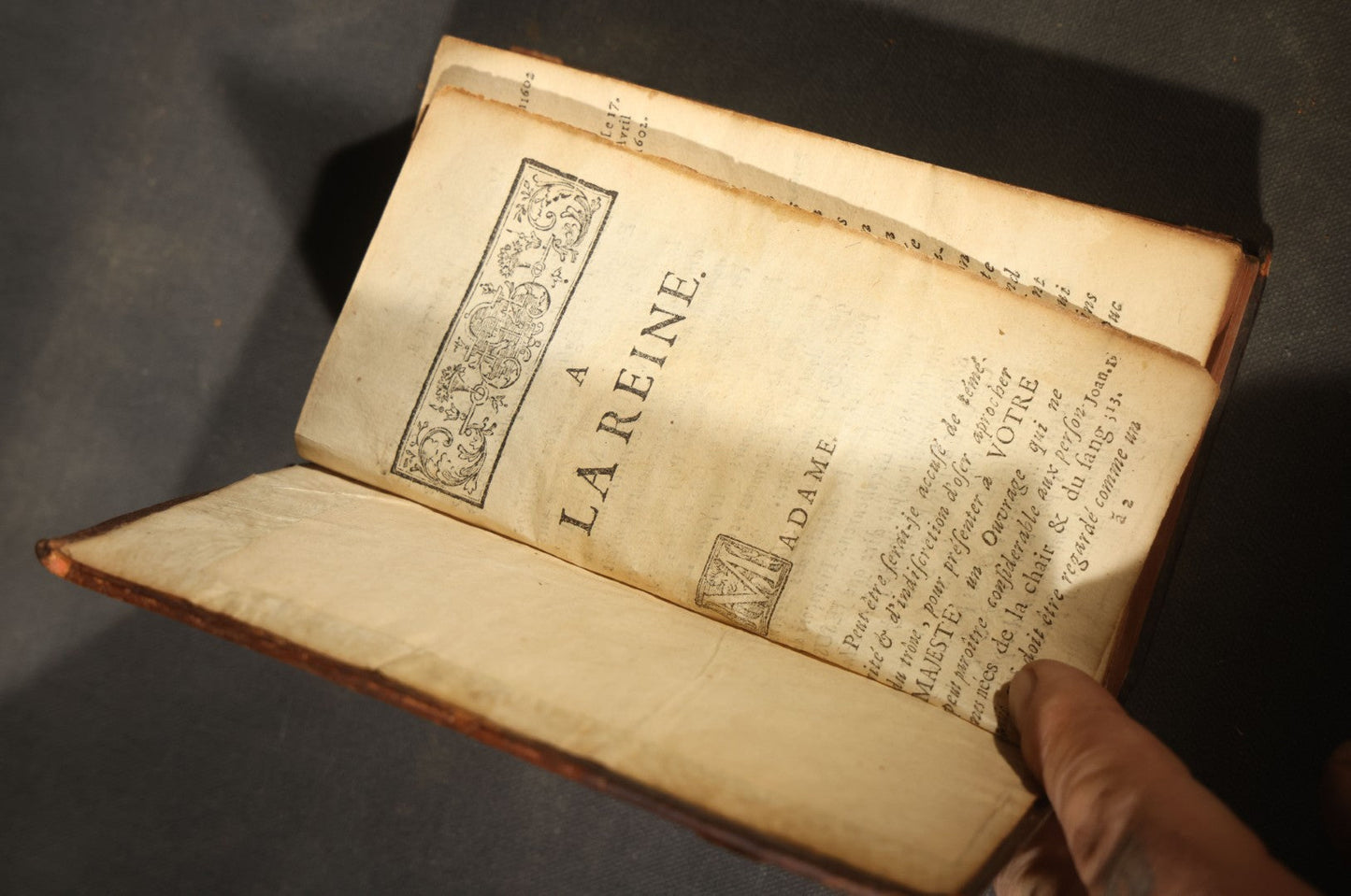 Antique French-Language Leather-Bound Book Safe with Marbled Paper-Lined Hidden Compartment, Dedicated "A La Reine" ("To the Queen"), Note Cover Detached