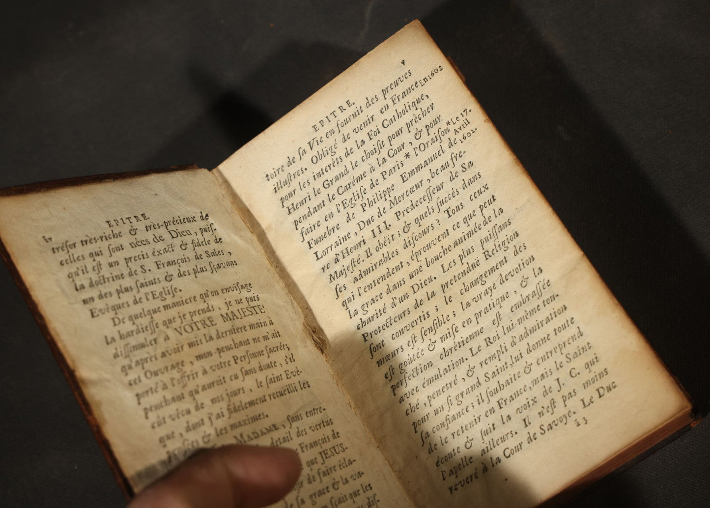 Antique French-Language Leather-Bound Book Safe with Marbled Paper-Lined Hidden Compartment, Dedicated "A La Reine" ("To the Queen"), Note Cover Detached