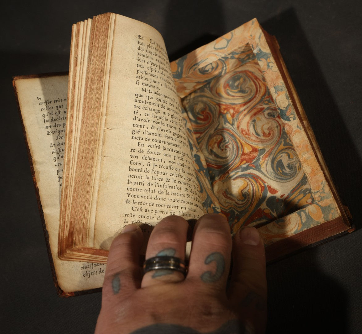 Antique French-Language Leather-Bound Book Safe with Marbled Paper-Lined Hidden Compartment, Dedicated "A La Reine" ("To the Queen"), Note Cover Detached