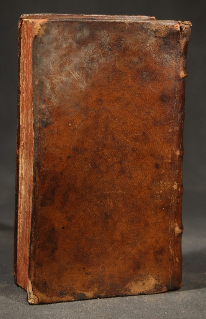 Antique French-Language Leather-Bound Book Safe with Marbled Paper-Lined Hidden Compartment, Dedicated "A La Reine" ("To the Queen"), Note Cover Detached