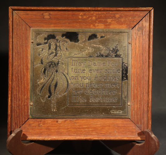Antique Engraved Brass "Dame Fortune" Plaque in Oak Frame, Manufactured by The Wharff-Eaton Co. Inc., Copyrighted 1902