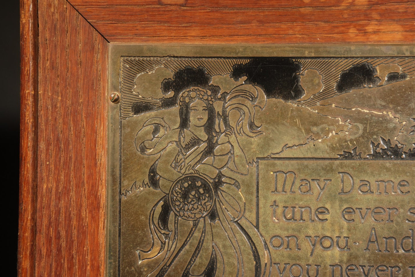 Antique Engraved Brass "Dame Fortune" Plaque in Oak Frame, Manufactured by The Wharff-Eaton Co. Inc., Copyrighted 1902