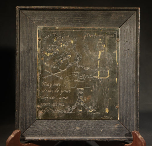 Antique "The Army Toast" Engraved Brass Plaque with Soldier and Smoke Women, Crossed Swords Motif, Manufactured by The Wharff-Eaton Co. Inc., Copyrighted 1903