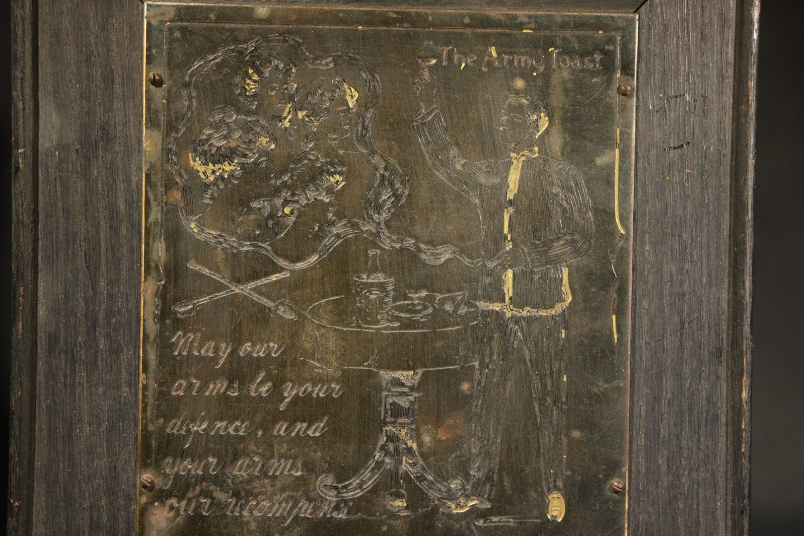 Antique "The Army Toast" Engraved Brass Plaque with Soldier and Smoke Women, Crossed Swords Motif, Manufactured by The Wharff-Eaton Co. Inc., Copyrighted 1903