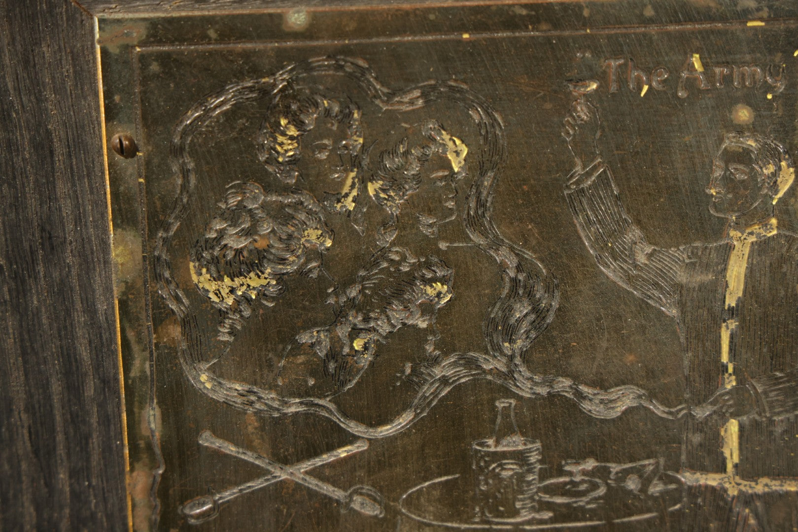 Antique "The Army Toast" Engraved Brass Plaque with Soldier and Smoke Women, Crossed Swords Motif, Manufactured by The Wharff-Eaton Co. Inc., Copyrighted 1903