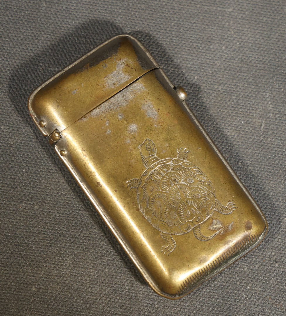 Antique Brass Match Safe with Engraved Turtle Design