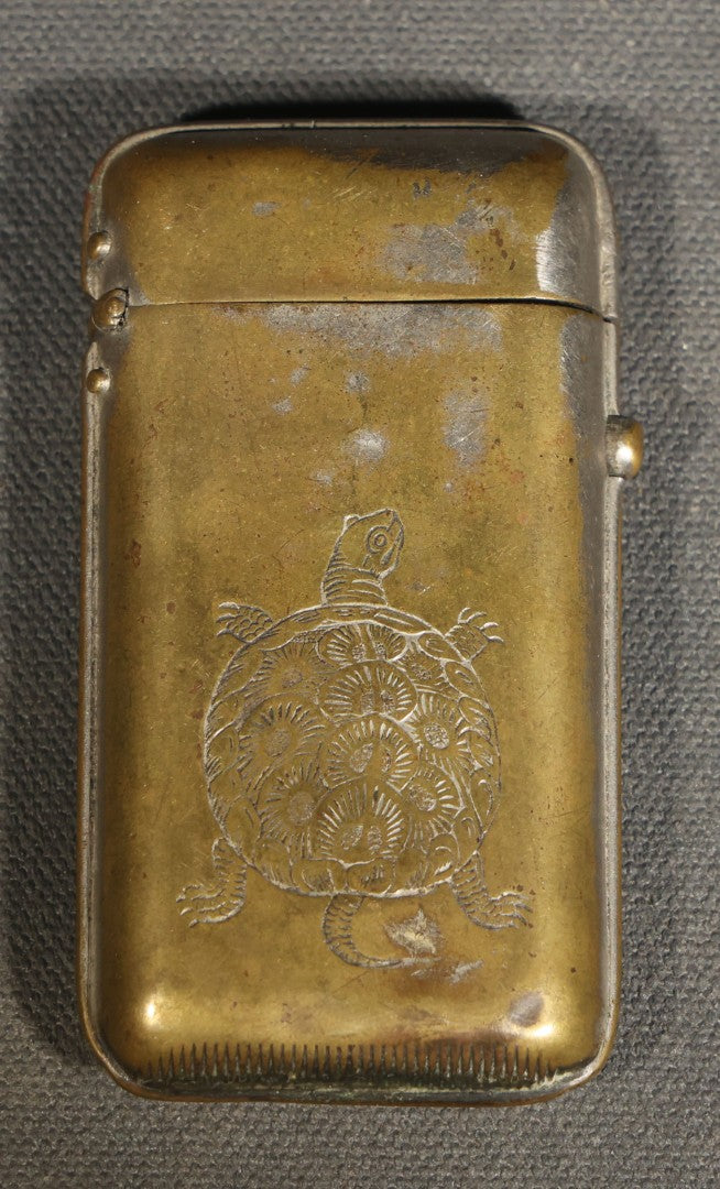 Antique Brass Match Safe with Engraved Turtle Design