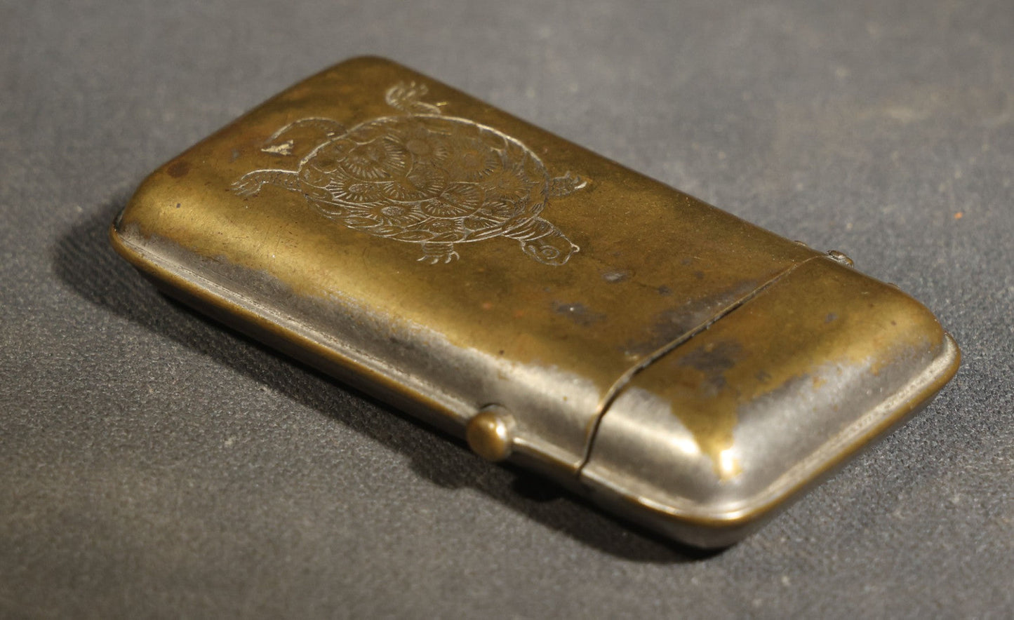 Antique Brass Match Safe with Engraved Turtle Design
