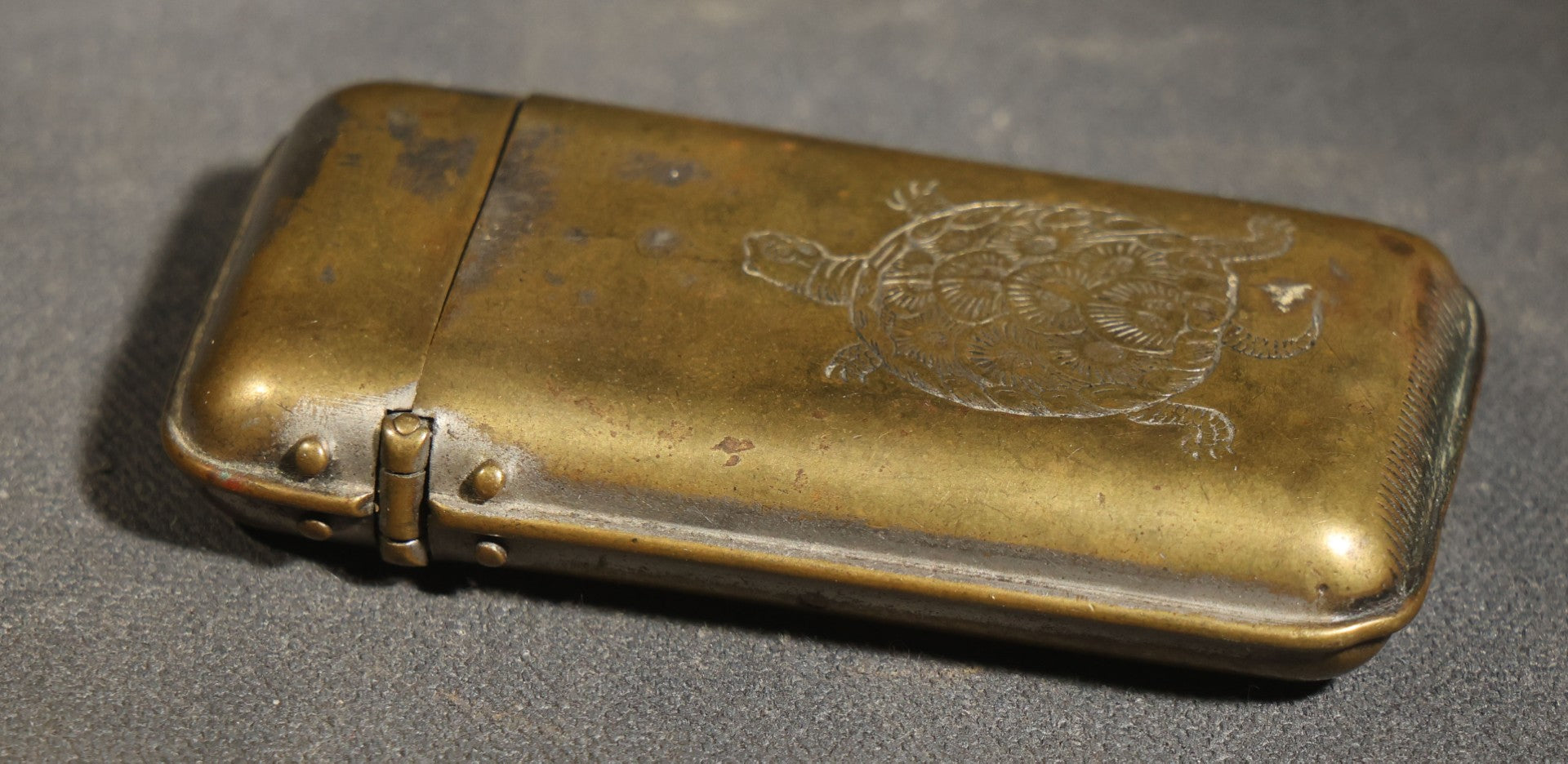 Antique Brass Match Safe with Engraved Turtle Design