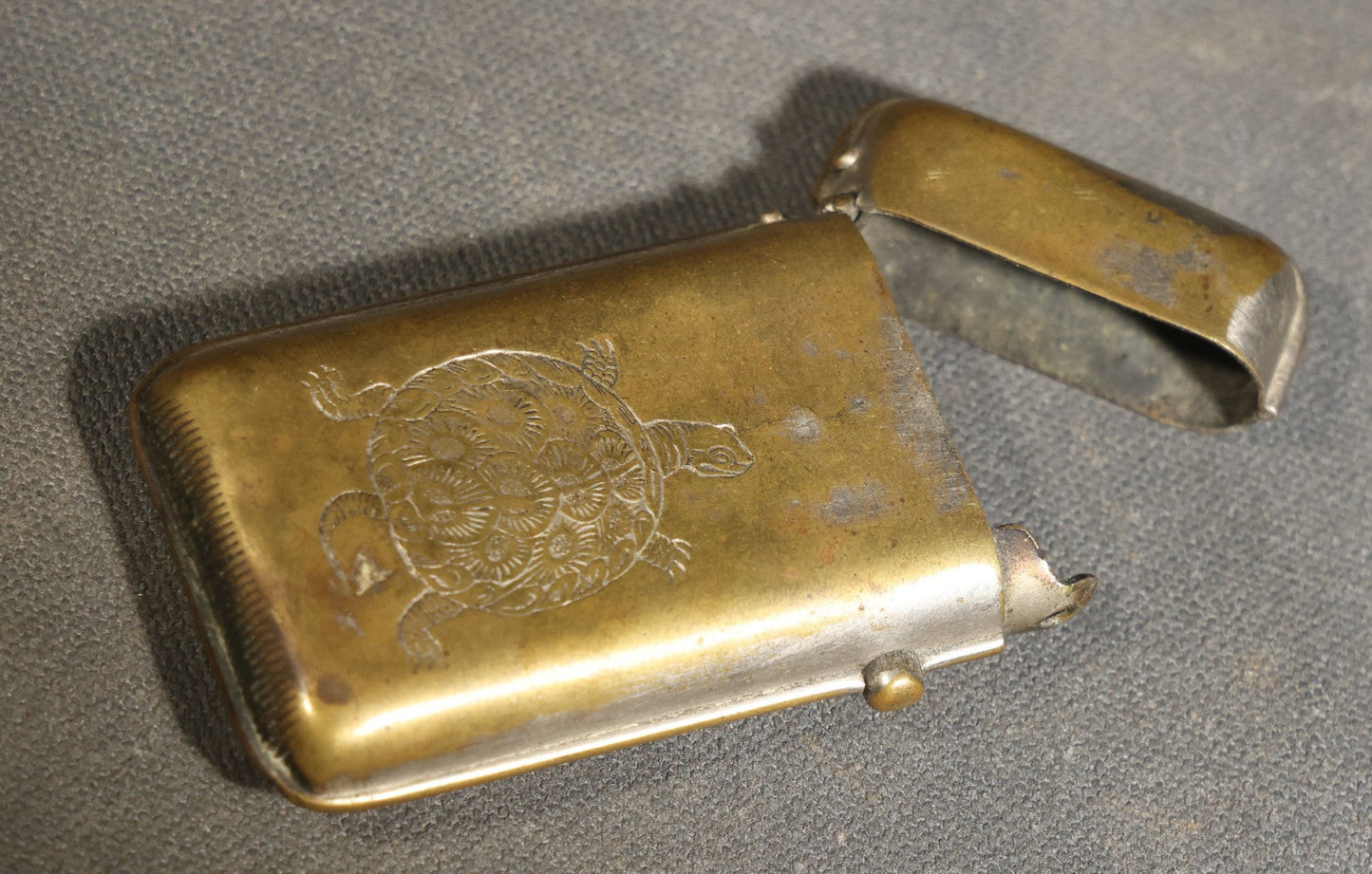 Antique Brass Match Safe with Engraved Turtle Design