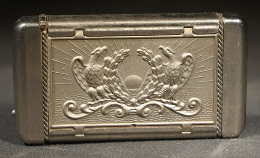Antique Patriotic Match Safe with Double Eagle and Rising Sun Motif and Union Shield with Crossed Flags and Weapons