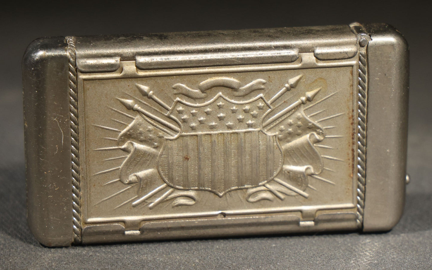 Antique Patriotic Match Safe with Double Eagle and Rising Sun Motif and Union Shield with Crossed Flags and Weapons