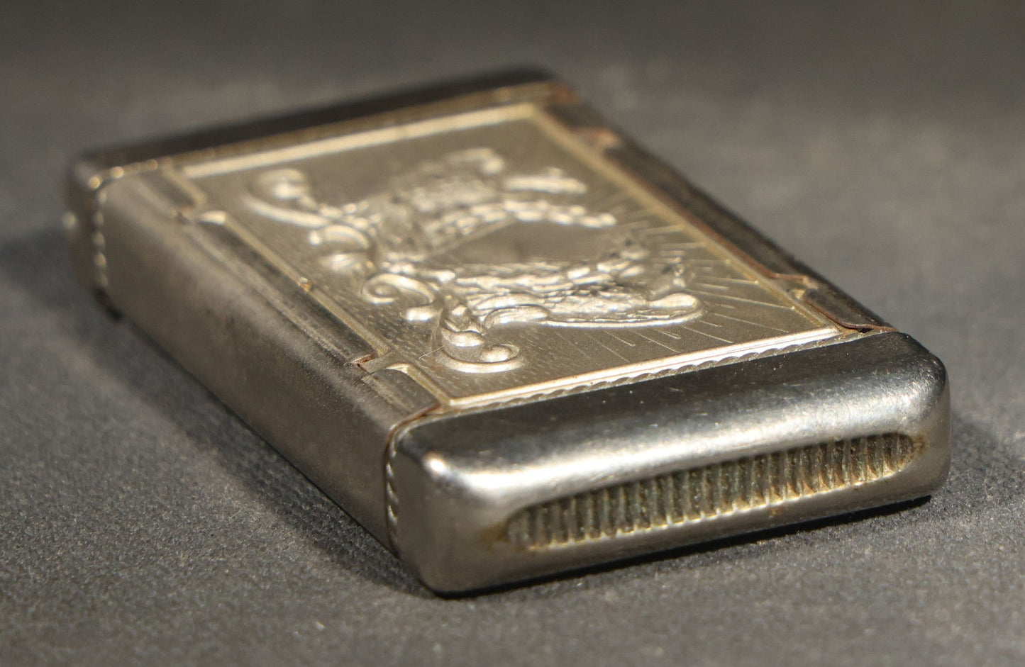 Antique Patriotic Match Safe with Double Eagle and Rising Sun Motif and Union Shield with Crossed Flags and Weapons