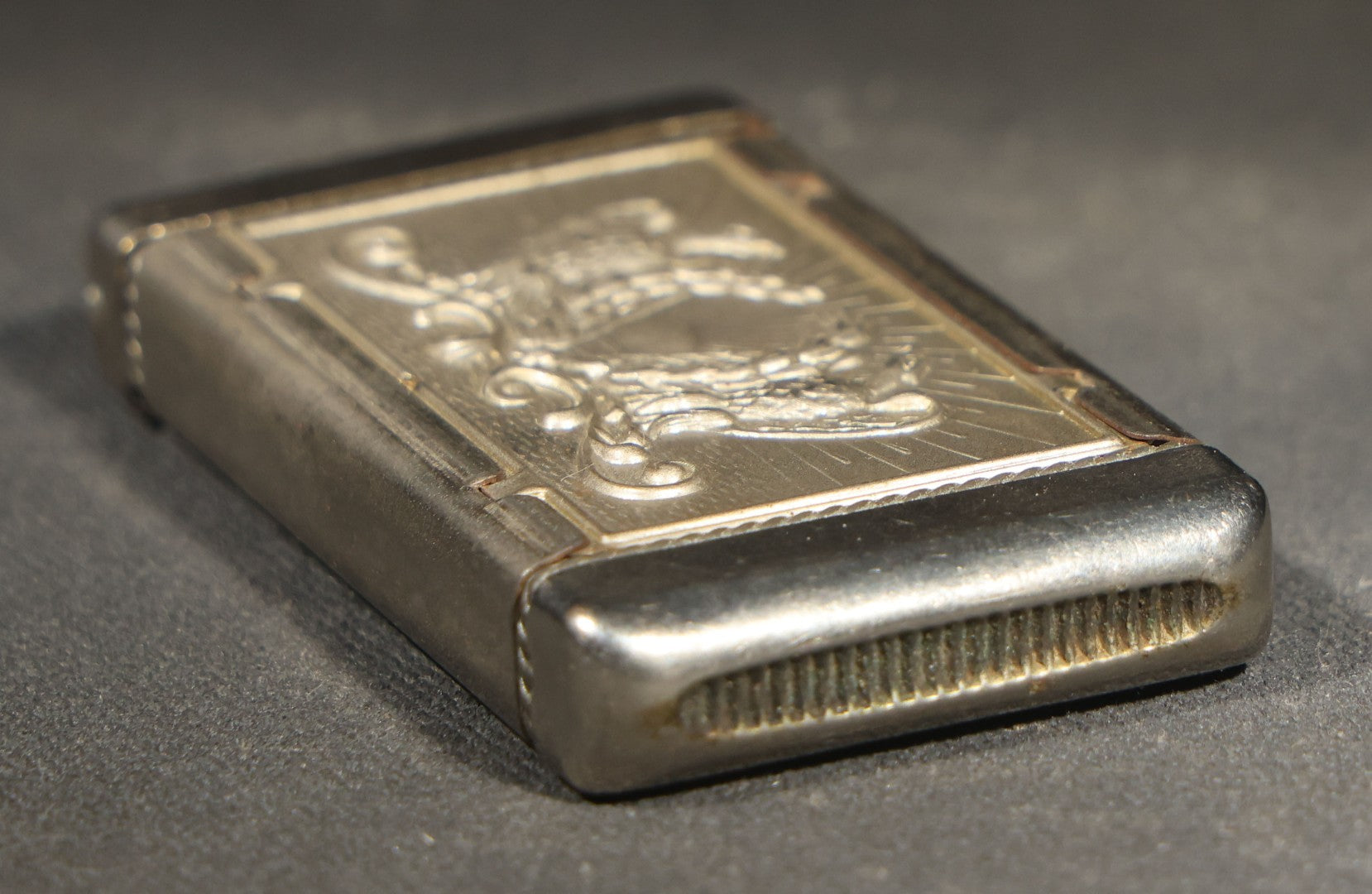 Antique Patriotic Match Safe with Double Eagle and Rising Sun Motif and Union Shield with Crossed Flags and Weapons