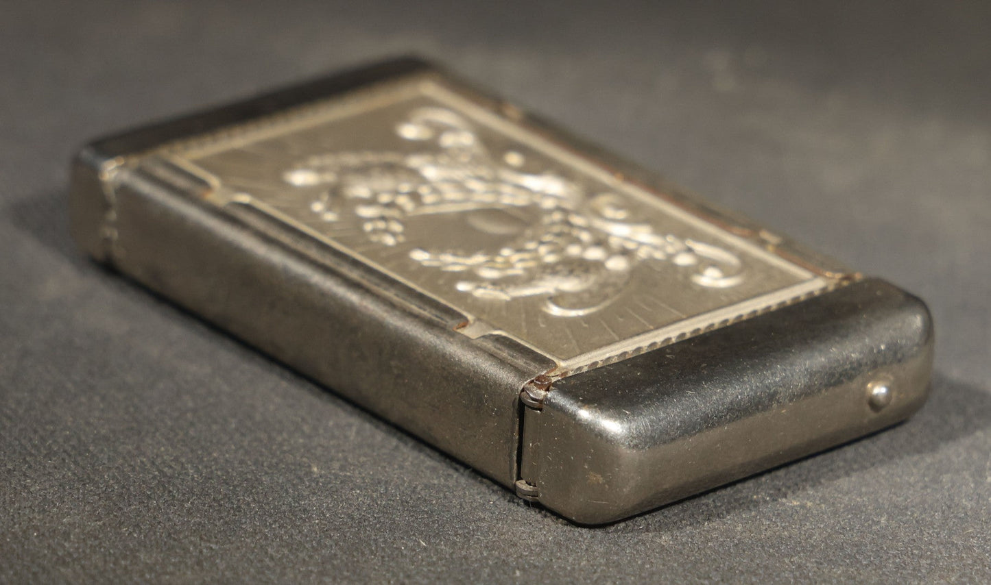 Antique Patriotic Match Safe with Double Eagle and Rising Sun Motif and Union Shield with Crossed Flags and Weapons