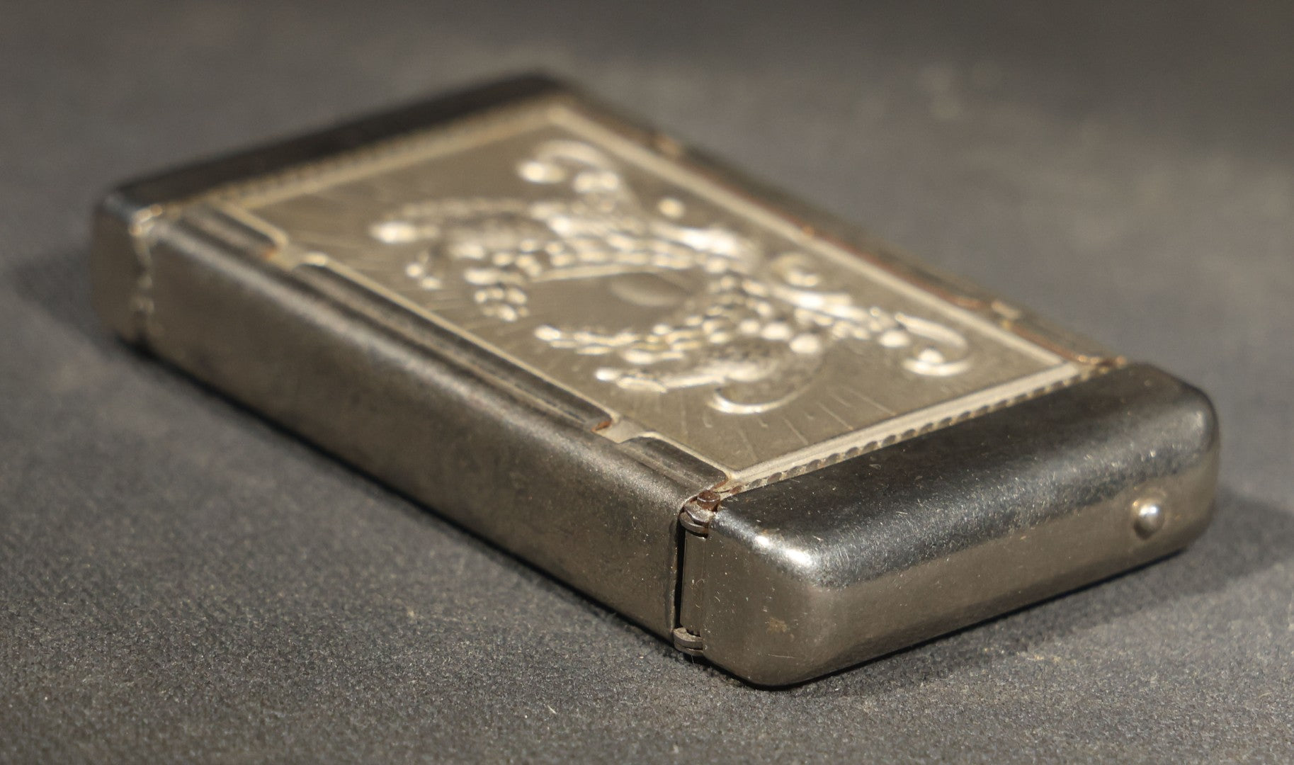Antique Patriotic Match Safe with Double Eagle and Rising Sun Motif and Union Shield with Crossed Flags and Weapons