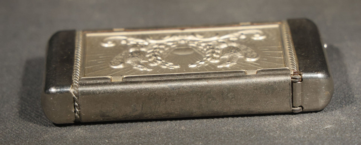 Antique Patriotic Match Safe with Double Eagle and Rising Sun Motif and Union Shield with Crossed Flags and Weapons