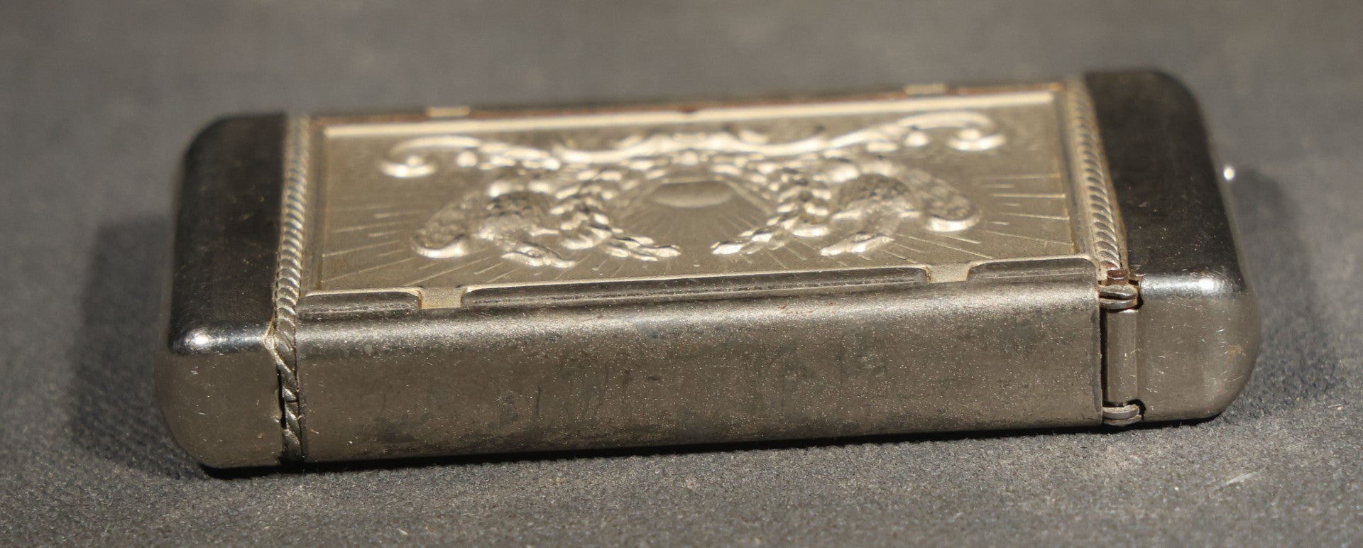 Antique Patriotic Match Safe with Double Eagle and Rising Sun Motif and Union Shield with Crossed Flags and Weapons